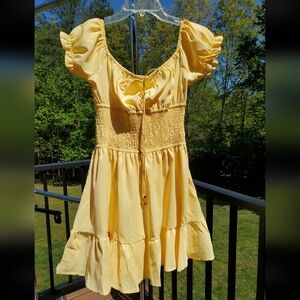 Women's Square Neck Lemon Yellow Baby Doll Dress w/ Stretchy Bodice